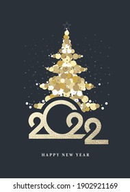 Festive card with merry christmas and happy new year, on a black background, simple design, Christmas tree made of dots of multicolored gold candy with numbers of the year 2022