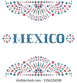 Festive card with Mexico word and Mexican traditional embroidery motif. Bright background with fiesta style folk art pattern. Western shapes of text. Colorful ethnic vector design.