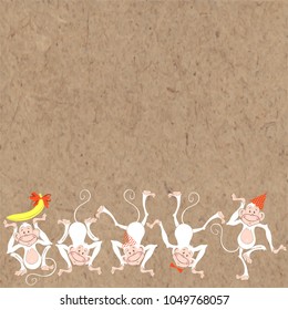 Festive card with monkey. Vector illustration on kraft background with space for text. Greeting card, invitation or isolated elements for design.