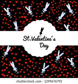 Festive card on black background with a cute gray bunny and confetti from red hearts. Round carved border box with white ribbon. For invitations to a party, poster, postcards, greeting valentines day