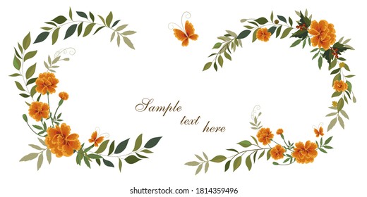 Festive card with openwork sprigs of marigolds and butterflies, on a white background