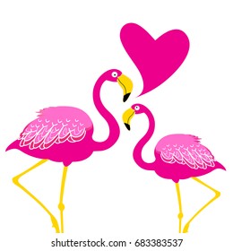 Festive card with pink flamingos in love on white background