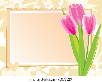 Festive card with pink tulips. Vector illustration.