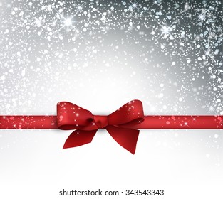 Festive card with red bow and snow. Vector illustration.