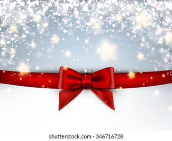 Festive card with red bow. Vector paper illustration.