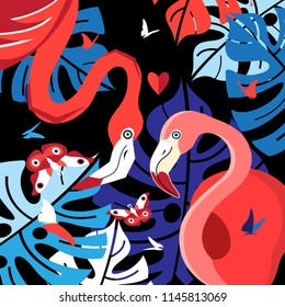 Festive card with red flamingos for Valentine's Day