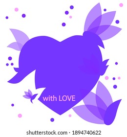 Festive card with romantic text - with LOVE. Background Heart with flowers of magnolia, lilac and blue colors. Vector illustration for greeting card, t-shirt, banner, place for text.