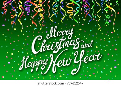 Festive card with sparkle calligraphic lettering Merry Christmas and Happy New Year on green background with decoration on colorfull confetti.. Vector illustration. Xmas card. Vector Illustration art