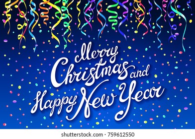 Festive card with sparkle calligraphic lettering Merry Christmas and Happy New Year on blue background with decoration on colorfull confetti.. Vector illustration. Xmas card. Vector Illustration art