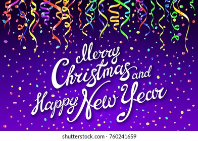 Festive card with sparkle calligraphic lettering Merry Christmas and Happy New Year on violet background with decoration on colorfull confetti.. Vector illustration. Xmas card. Vector Illustration art