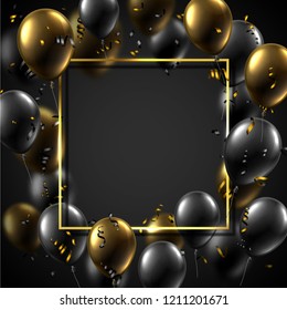 Festive card with square frame, black and gold shiny balloons and serpentine. Holiday decoration. Vector background.
