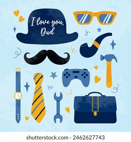 Festive card with typography on blue background in flat style. Happy Father's Day concept. Hand drawn hat, eyeglasses, moustache, bow tie, gamepad, items with grunge textures and doodle shapes