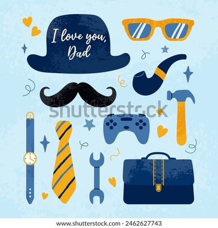 Festive card with typography on blue background in flat style. Happy Father's Day concept. Hand drawn hat, eyeglasses, moustache, bow tie, gamepad, items with grunge textures and doodle shapes