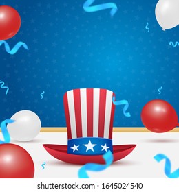 Festive card with Uncle Sam hat, air balloons and empty space. Design for the feast of President's Day and Independence Day in USA. Sale banner, invitation, poster, invitation. Vector illustration