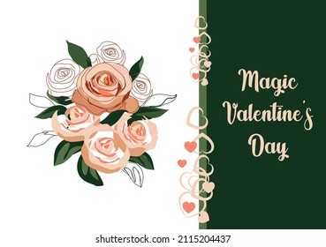 Festive card for Valentine's Day. Valentine's card with a bouquet of roses and openwork hearts