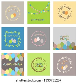 Festive cards with brightly colored Easter elements made by hand in  vector. Floral frames. Colorful chalk texture. 