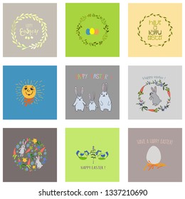 Festive cards with brightly colored Easter elements made by hand in  vector. Floral frames.  