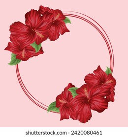 festive cards template consisting of red circles of circles and open buds of red mallow, green leaves, a pattern for leaflets, invitations and banners