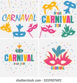 Festive carnaval background set. Brazil holiday banner with carnival mask and color confetti. Vector illustration. 