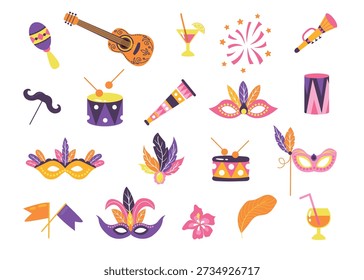 Festive Carnival Elements with Musical Instruments. White background isolate