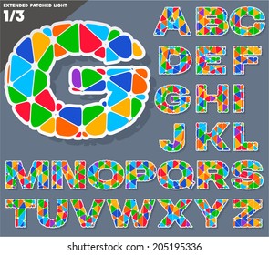 Festive Carnival Font. Multicolored Vector Alphabet. Extended style. Set 1