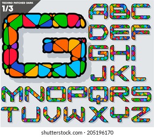 Festive Carnival Font. Multicolored Vector Alphabet. Style techno Set 1