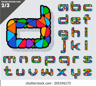 Festive Carnival Font. Multicolored Vector Alphabet. Style techno Set 2