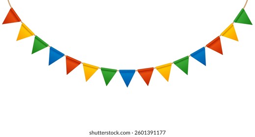 Festive Carnival garland and bunting. Colorful triangle flags on rope for decoration of party, holiday, event, festive, celebration. Colorful pennants for banner, flyer template Vector design element