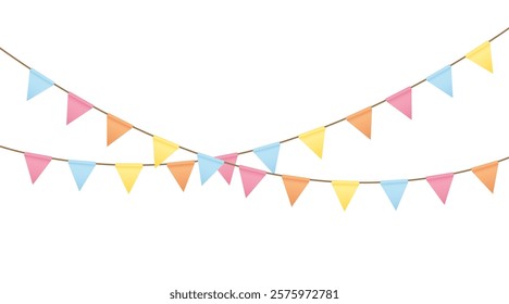 Festive Carnival garlands and bunting. Colorful triangle flags on rope for decoration of party, holiday, event, festive, celebration. Colorful pennants for banner, flyer template Vector design element