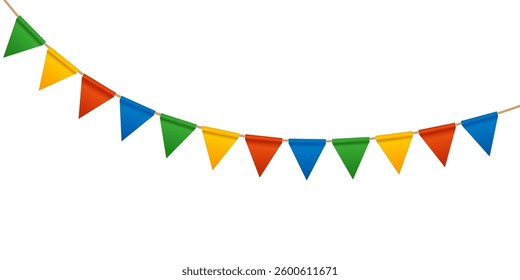 Festive Carnival garlands and bunting. Colorful triangle flags on rope for decoration of party, holiday, event, festive, celebration. Colorful pennants for banner, flyer template Vector design element