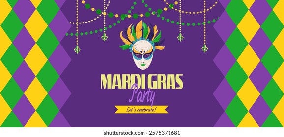 Festive carnival horizontal banner with traditional diamond pattern, beads and mask. Amazing Mardi Gras vector templates that capture spirit of holiday. Design for print, party invitation, event flyer