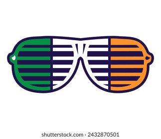 Festive carnival Horizontal Grid glasses in colors of national flag of Ireland. Traditional festive element, attributes of St. Patrick Day. Cartoon vector icon isolated on white background