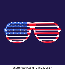 Gafas de carnaval festivas Horizontales Grid en colores USA. Elemento festivo, atributos del 4 de julio Día de la Independencia de Estados Unidos. Icono de Vector plano en colores nacionales de la bandera americana sobre fondo azul oscuro