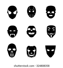 Festive carnival mask icons. Isolated vector set of silhouette black disguises for masquerade costumes on white. Halloween monsters mask illustration.