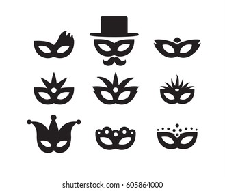 Festive Carnival Masks Silhouette Icons Black Vector Isolated On A White Background