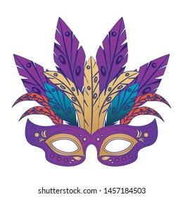 festive carnival party purple mask decoration with feathers cartoon vector illustration graphic design
