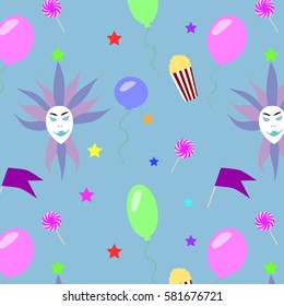 Festive carnival pattern with masquerade masks colorful balloons stars flags candies and popcorn buckets vector illustration 