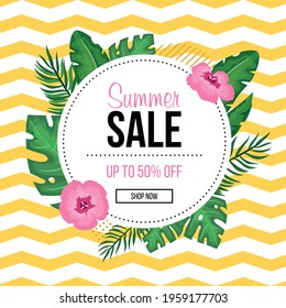 Festive carnival summer sale banner with tropical leaves and flowers. Vector illustration.  