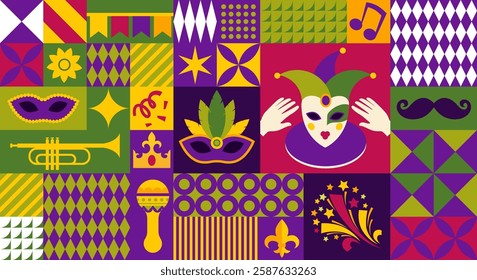 A festive carnival typography design featuring bold, decorative letters and colorful Mardi Gras elements. A vector illustration.