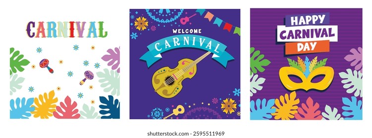 Festive carnival-themed graphics featuring masks, instruments, maracas, and vibrant decorations against colorful, cheerful backgrounds. Set flat vector illustration.
