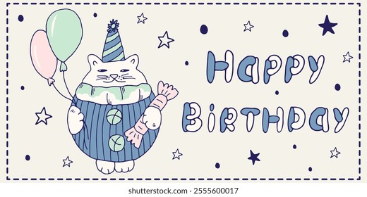 A festive cartoon cat with balloons and a gift hand-drawn in doodle style. The inscription Happy birthday is handmade. Hand-drawn illustration for a greeting card, envelope, birthday banner