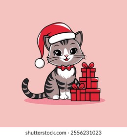 Festive Cartoon Cat with Christmas Gifts