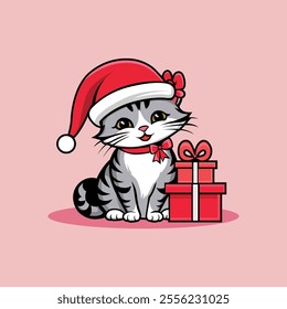 Festive Cartoon Cat with Christmas Gifts