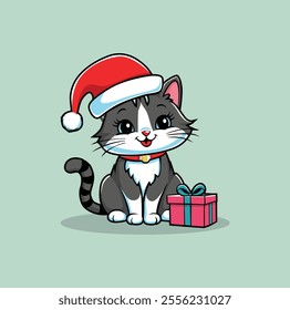 Festive Cartoon Cat with Christmas Gifts