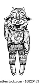 Festive, cartoon character, kind cute bull with a raised hand, with plump cheeks, small ears and horns, in sweater with Santa Claus and in striped trousers with an ornament, isolated, in full growth.