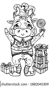 Festive cartoon character, little cute bull with chubby cheeks and big eyes, with small horns and ears, in the costume of a jester, in a striped vest, trousers and pointed shoes, with gifts and candy.