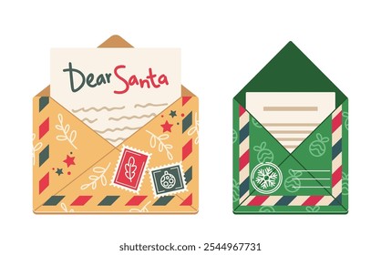 Festive Cartoon Christmas Envelopes Depicted In A Warm And Cheerful Style, Featuring Seasonal Decorations With A Dear Santa Letter, Emphasizing The Joy Of Holiday Traditions And Warm Wishes