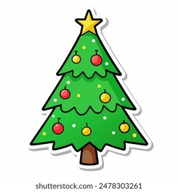 Festive Cartoon Christmas Tree with ornaments and star topper, perfect for the holiday season