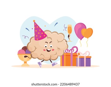 Festive cartoon composition with happy brain character gifts in boxes ice cream and colorful air balloons flat vector illustration