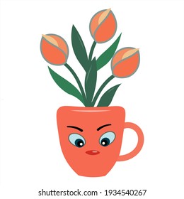 Festive cartoon cup. Funny mascot. Cute coffee mug with anthropomorphic face and a bouquet of tulips. Isolated cute tableware. Vector illustration of comic kitchen utensils.